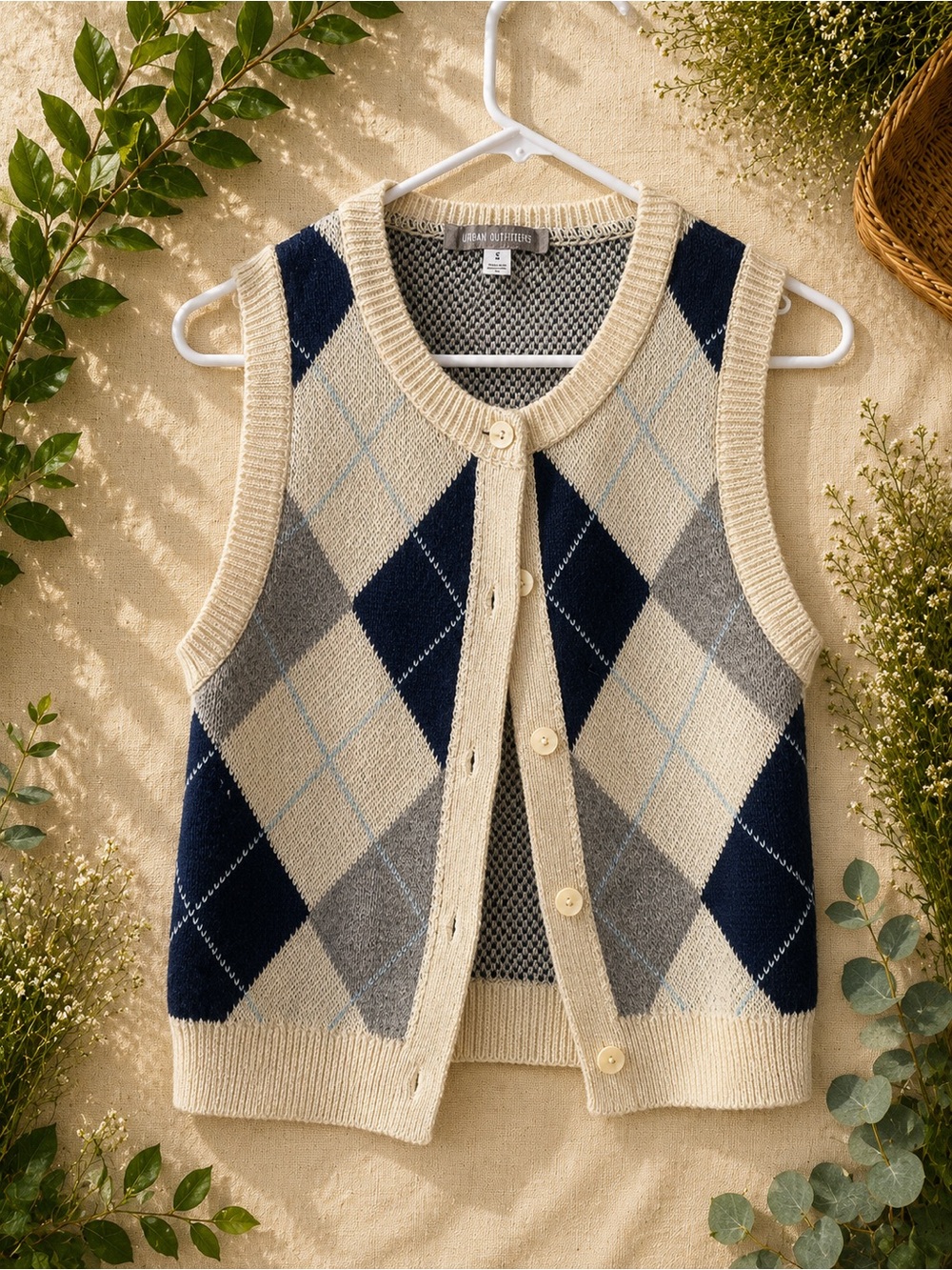 Urban Outfitters Cream & Navy Argyle Knit Cardigan